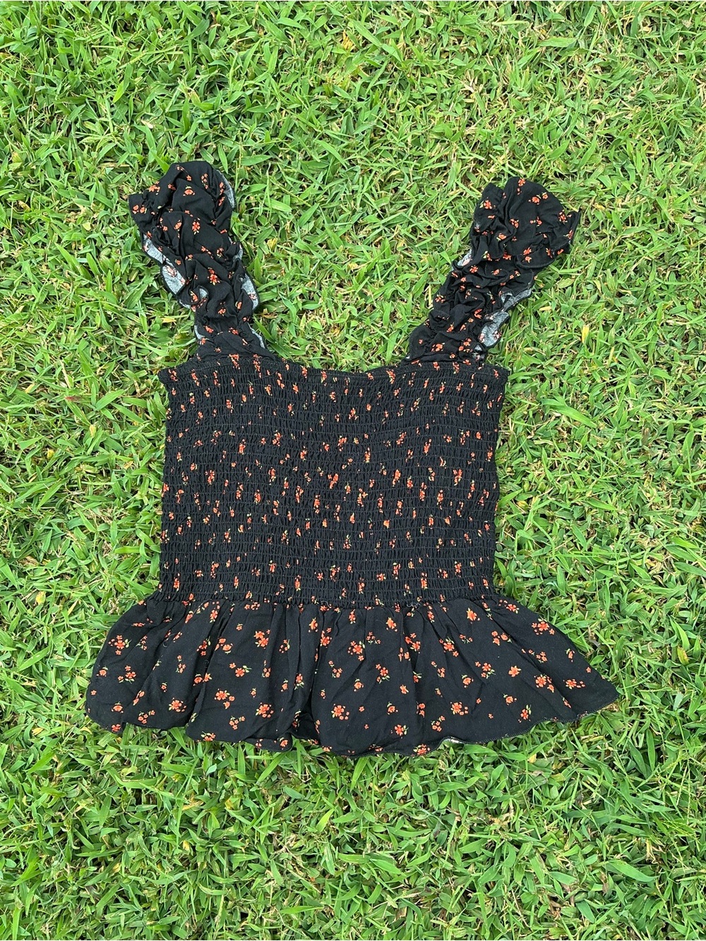 Black Floral Smocked Peplum Tank with Ruffled Straps